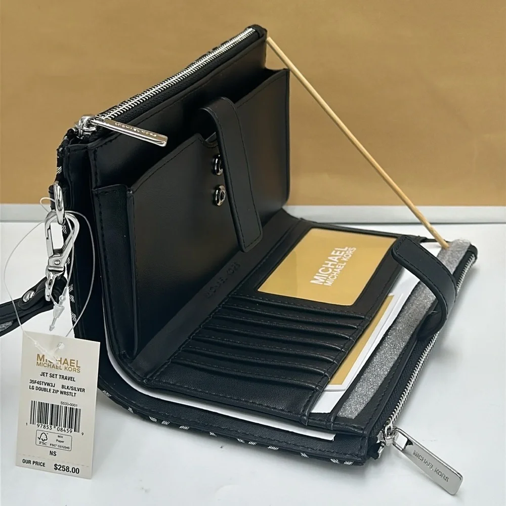 Michael Kors Jet Set Travel Large Double-Zip Wallet-PhoneHolder Black Multi - Picture 10 of 13